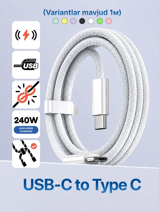 Type-C kabel 60W, ma’lumot uzatish uchun usb type c va taypsi kabel, type c zaryadchik