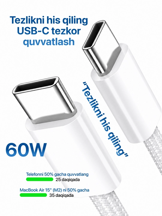 Type-C kabel 60W, ma’lumot uzatish uchun usb type c va taypsi kabel, type c zaryadchik