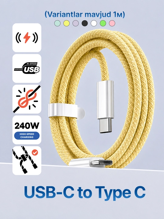 Type-C kabel 60W, ma’lumot uzatish uchun usb type c va taypsi kabel, type c zaryadchik