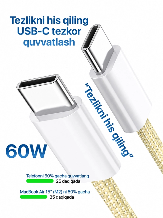Type-C kabel 60W, ma’lumot uzatish uchun usb type c va taypsi kabel, type c zaryadchik