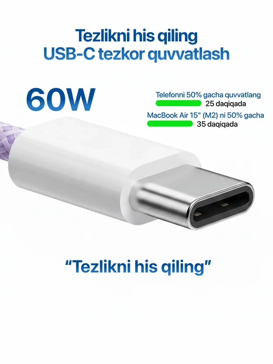 Type-C kabel 60W, ma’lumot uzatish uchun usb type c va taypsi kabel, type c zaryadchik