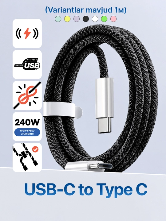 Type-C kabel 60W, ma’lumot uzatish uchun usb type c va taypsi kabel, type c zaryadchik