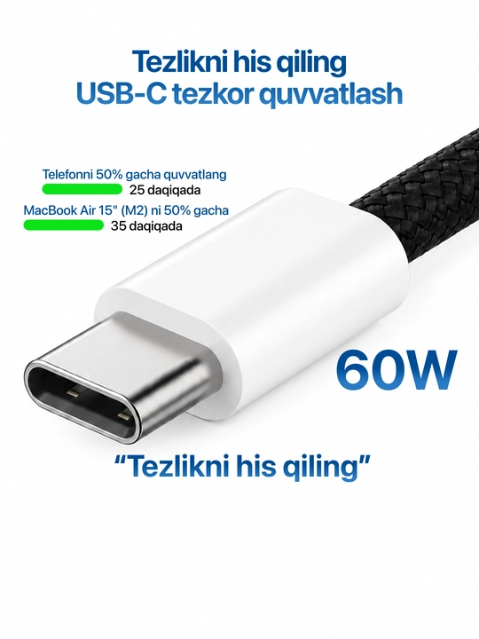 Type-C kabel 60W, ma’lumot uzatish uchun usb type c va taypsi kabel, type c zaryadchik