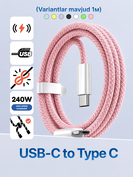 Type-C kabel 60W, ma’lumot uzatish uchun usb type c va taypsi kabel, type c zaryadchik