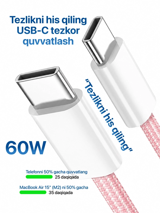 Type-C kabel 60W, ma’lumot uzatish uchun usb type c va taypsi kabel, type c zaryadchik