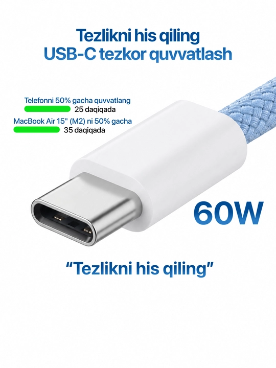 Type-C kabel 60W, ma’lumot uzatish uchun usb type c va taypsi kabel, type c zaryadchik