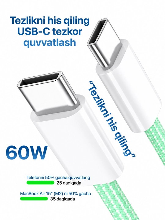 Type-C kabel 60W, ma’lumot uzatish uchun usb type c va taypsi kabel, type c zaryadchik