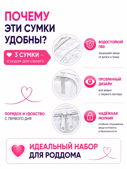 Сумка в роддом, для мамы и малыша, 3 штуки, органайзер для вещей, удобный набор