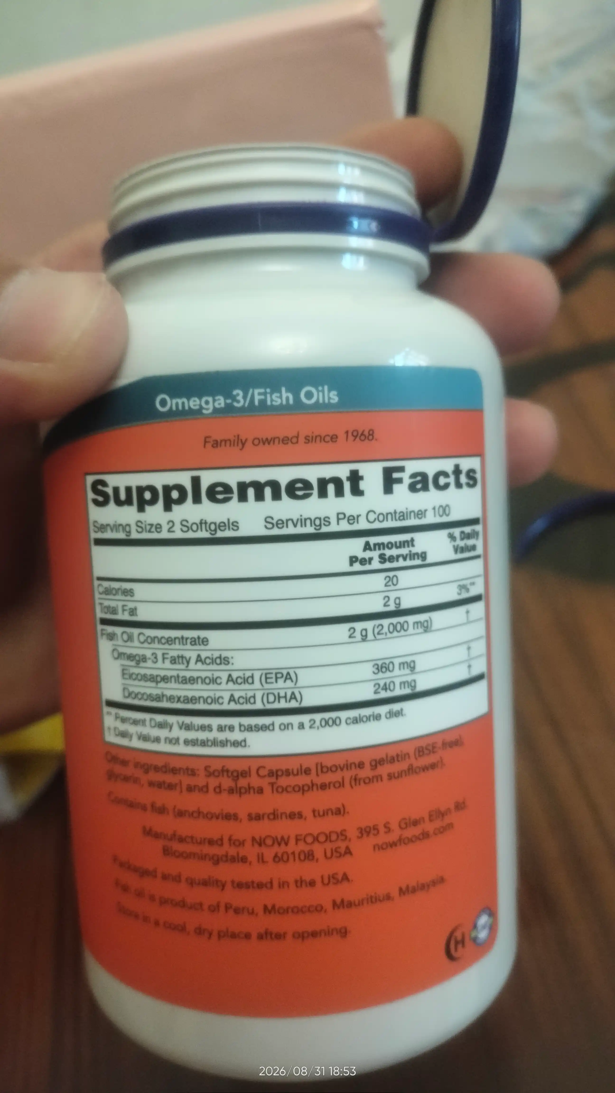 Now Foods Omega-3, baliq yog'i, 180 EPA / 120 DHA, halol