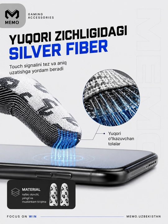 MEMO Gaming Finger Sleeves o‘yin qo‘lqoplari Silver Fiber qo‘lqop, 1 juft