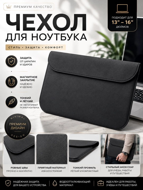Чехол для ноутбука 14 и 16 дюймов, защитный, на магнитах, для работы и учебы - 
