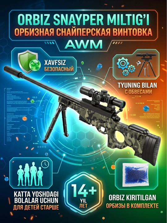 Автомат пистолет с орбизами, гелевый, бластер для детей, M416, AWM, P90, AUG - 