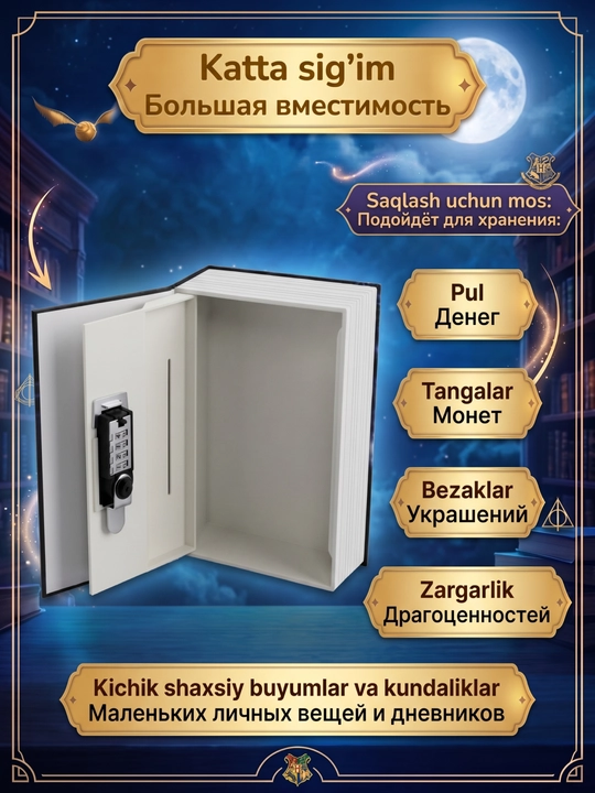 Seyf kitob, cho'chqachilik banki, bolalar uchun, kombinatsiyalangan qulf bilan