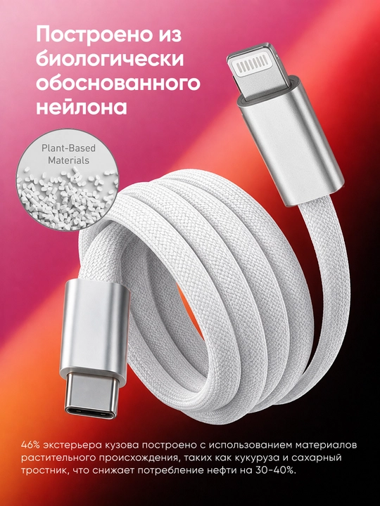 Kabel Type-C to Lightning 3.1, 6A, tez quvvatlash va ma’lumot uzatish uchun