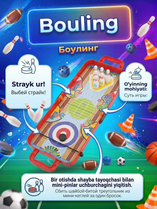 Stol o'yini 6 ta 1 da, futbol, basketbol, kyorling, ikki va bir kishi uchun