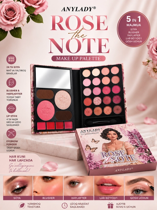 Paletka Anylady Rose the Note 5 tasi 1 da: ko'z soyasi, rumyana, xaylayter, pomada, qosh soyasi - 