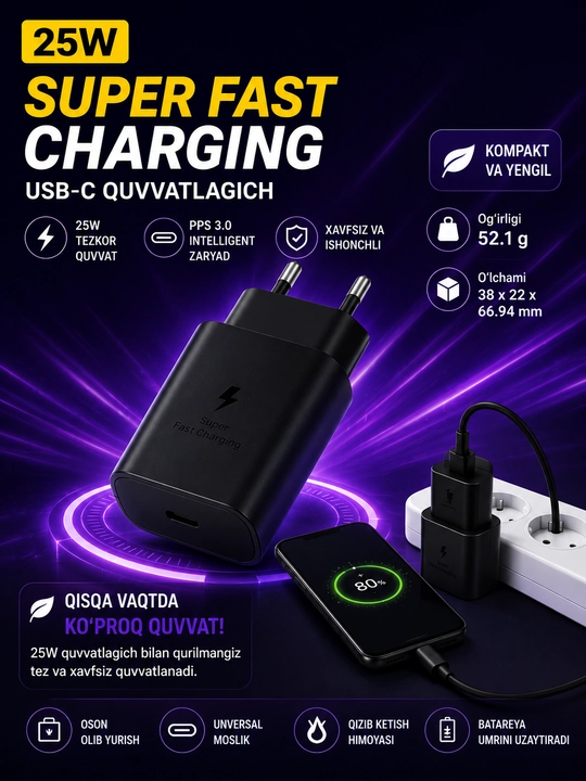 Samsung USB-C zaryadlovchi qurilmasi, NFC, 25W (PD), 45W, PD 60W