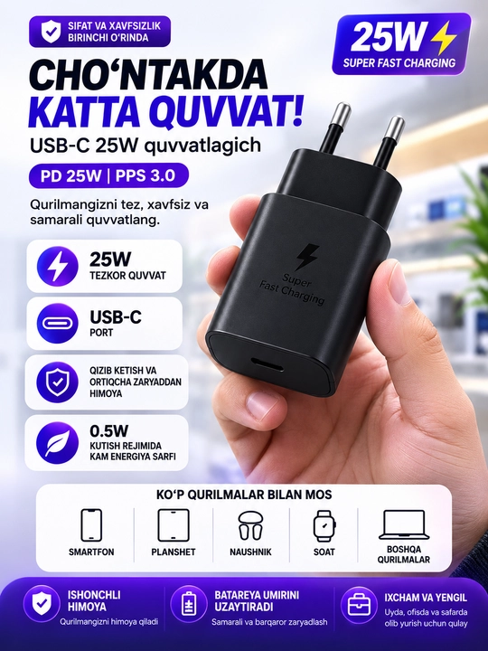 Samsung USB-C zaryadlovchi qurilmasi, NFC, 25W (PD), 45W, PD 60W