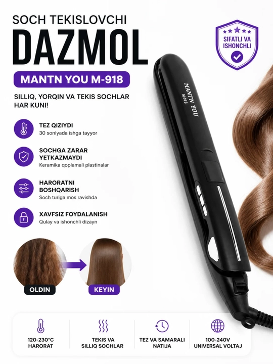 Har kuni silliq va chiroyli sochlar uchun MANTN YOU M-918 dazmol - 