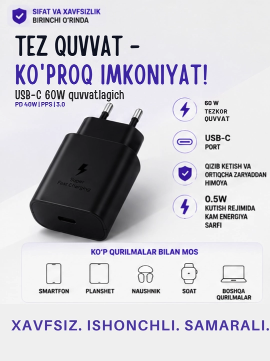 Samsung USB-C zaryadlovchi qurilmasi, NFC, 25W (PD), 45W, PD 60W