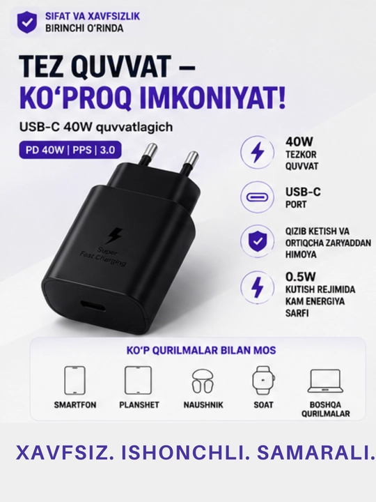 Samsung USB-C zaryadlovchi qurilmasi, NFC, 25W (PD), 45W, PD 60W