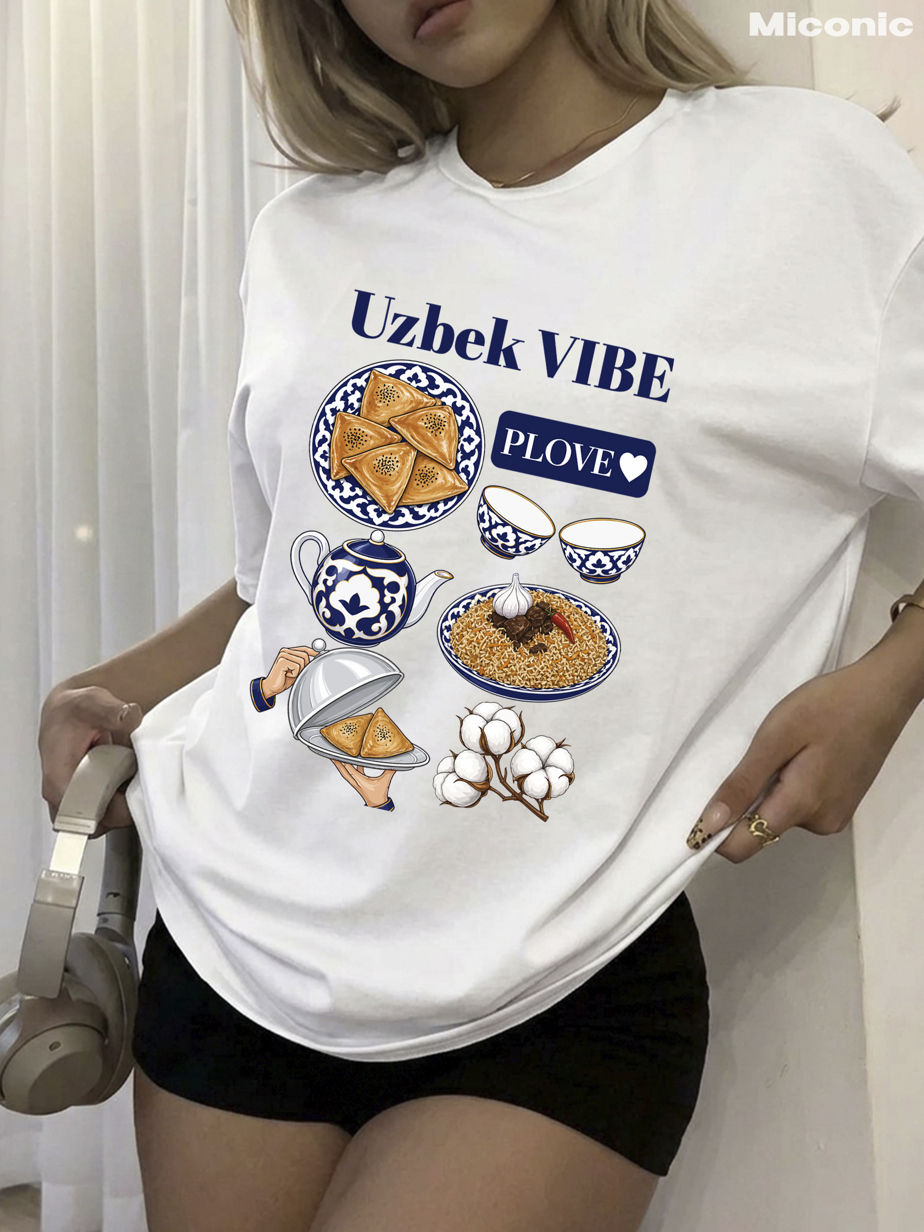 Miconic oq oversayz futbolka, o‘zbek taomlari va UZBEK VIBE yozuvi print bilan