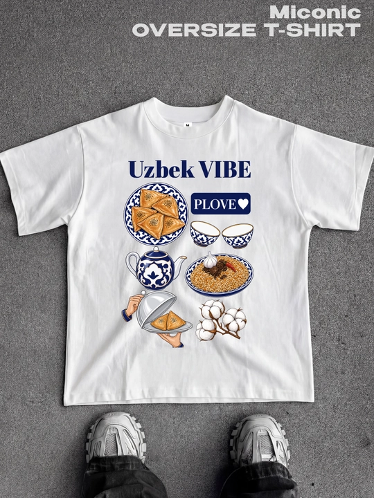Miconic oq oversayz futbolka, o‘zbek taomlari va UZBEK VIBE yozuvi print bilan - 