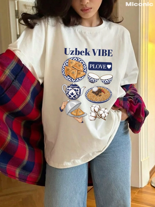 Miconic oq oversayz futbolka, o‘zbek taomlari va UZBEK VIBE yozuvi print bilan