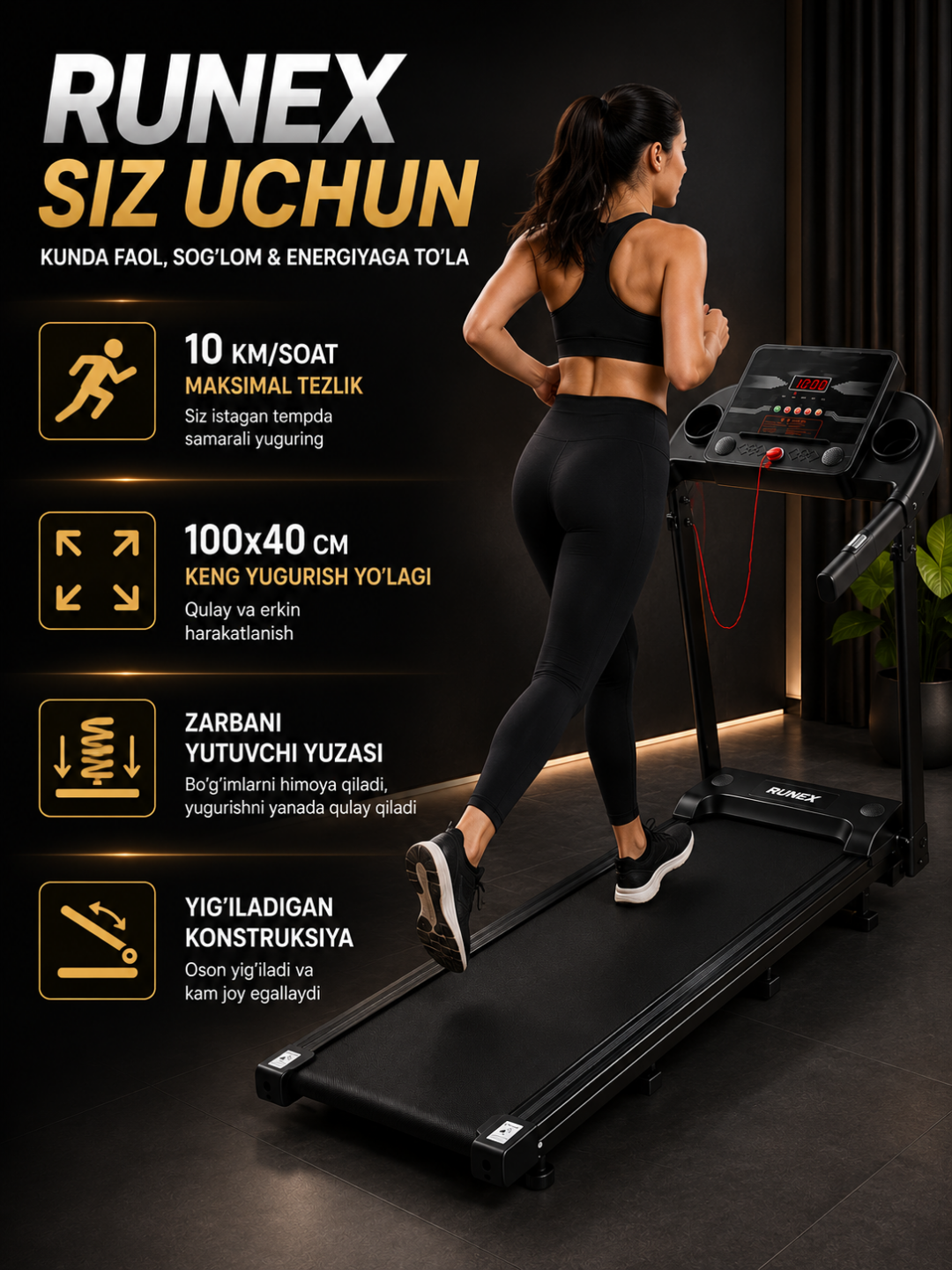 Yugurish yo‘lagi RUNEX, 10 km/soat, 100×40 sm, uy uchun