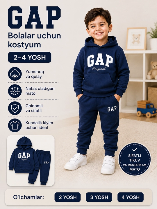Bolalar uchun GAP sport kostyum, kapyushonli dvoyka, shim va kofta 2–4 yosh