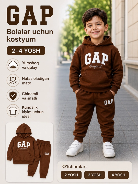 Bolalar uchun GAP sport kostyum, kapyushonli dvoyka, shim va kofta 2–4 yosh