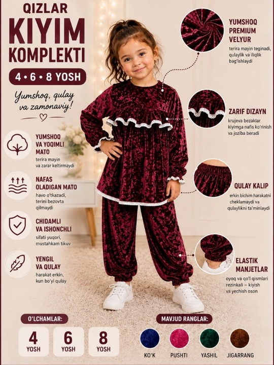 Qiz bolalar velur kostyumi 4-8 yosh, kofta va shim, bayramona kostyum dvoyka, komplekt - 