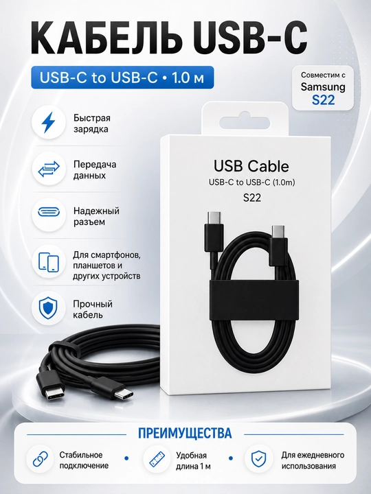 USB-C dan USB-C gacha kabel 1 m S22 — tezkor zaryadlash va ma’lumot uzatish uchun - 