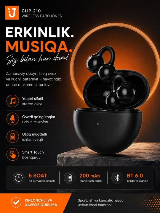 CLIP-210 Bluetooth simsiz quloqchinlar, quloqqa qistiriladigan, Smart Touch - 