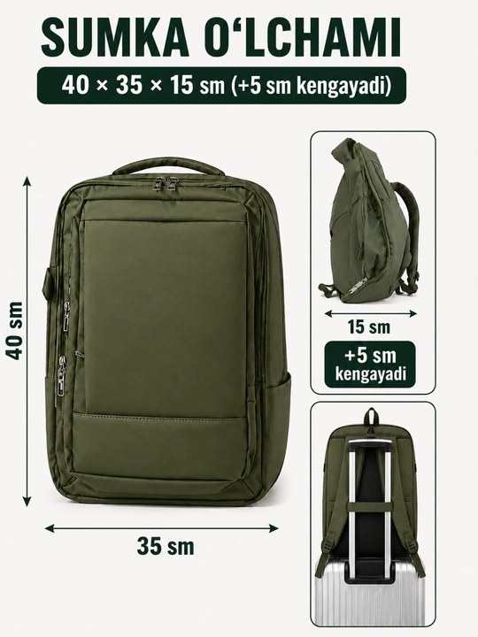Рюкзак для ноутбука с расширением 40×35×15(+5 см), тёмно-зелёный