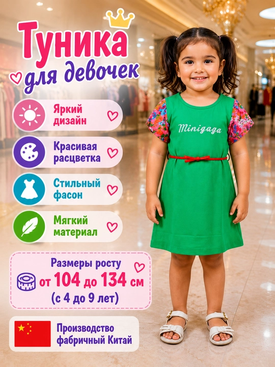 Туника для девочки летняя, яркая детская туника с поясом