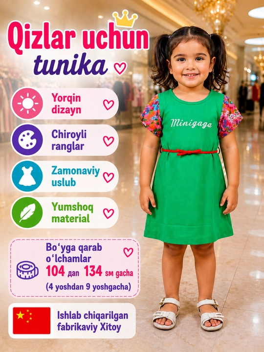 Qiz bola uchun yozgi tunika, belbog‘li yorqin rangli bolalar tunikasi - 