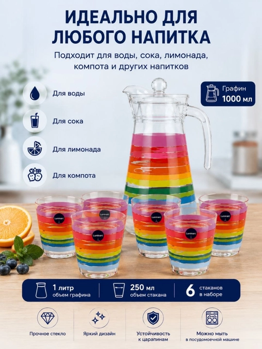 Набор для напитков: стеклянный кувшин 1 л + 6 стаканов по 250 мл