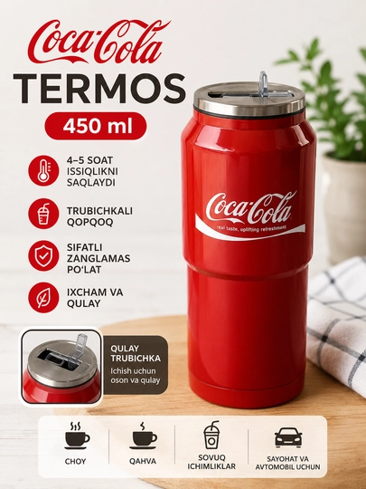 Termos 450 ml, Coca-Cola va Pepsi, trubichkali qopqoq, issiq va sovuq ichimliklar uchun - 