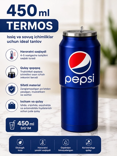 Termos 450 ml, Coca-Cola va Pepsi, trubichkali qopqoq, issiq va sovuq ichimliklar uchun - 