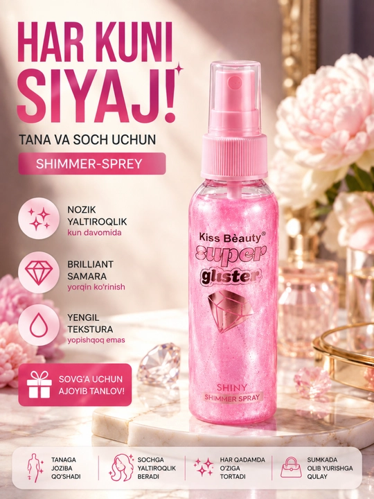 Tana va soch uchun yaltiroq sprey-shimmer Kiss Beauty Super Glisten