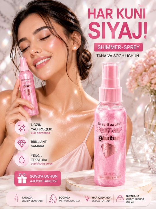 Tana va soch uchun yaltiroq sprey-shimmer Kiss Beauty Super Glisten