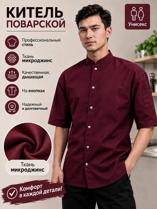 Китель поварской, мужской, короткий рукав, воротник-стойка, микроджинс - 