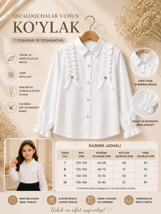 Qizlar uchun kuzgi maktab koftasi, maktab formasi, oq, uzun yengli, 7-10 yosh - 