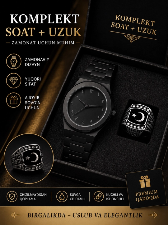 Soat + uzuk komplekti — zamonaviy va o‘ziga xos uslubni qadrlaydigan erkaklar uchun - 
