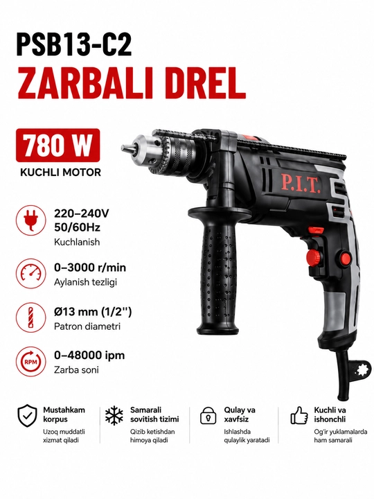 P.I.T. PSB13-C2 elektr zarbali drel 780 W - 