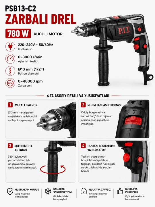 P.I.T. PSB13-C2 elektr zarbali drel 780 W