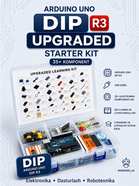 Arduino UNO DIP R3 Upgraded Starter Kit — 35+ komponentli elektronika to‘plami - 