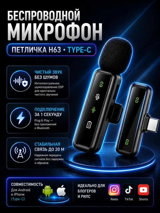 Микрофон, беспроводной, петличка, микрофон для телефона, Android, iPhone, микрофон для пк