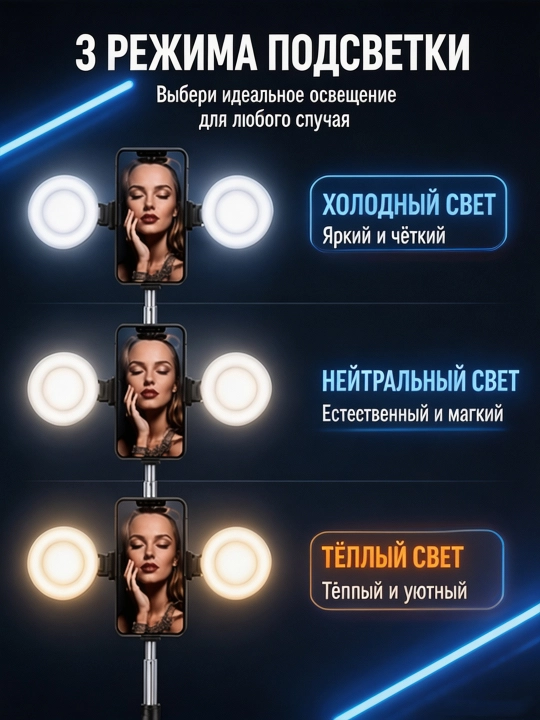 Селфи-палка JC-18H с двумя LED-зеркальными лампами, высота до 170 см